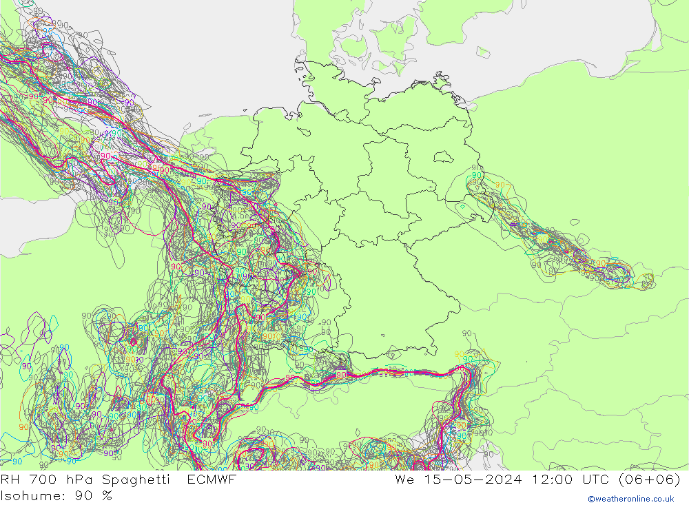 Humedad rel. 700hPa Spaghetti ECMWF mié 15.05.2024 12 UTC