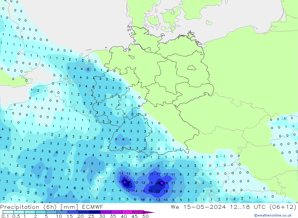 Totale neerslag (6h) ECMWF wo 15.05.2024 18 UTC