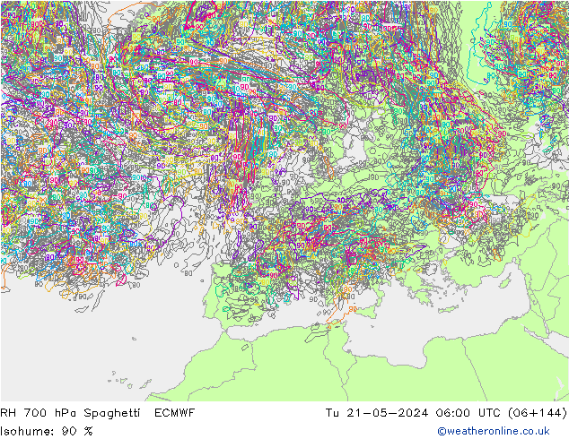 RH 700 hPa Spaghetti ECMWF Di 21.05.2024 06 UTC