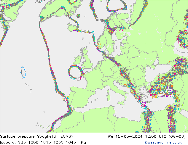 Surface pressure Spaghetti ECMWF We 15.05.2024 12 UTC