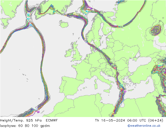 Height/Temp. 925 hPa ECMWF Čt 16.05.2024 06 UTC