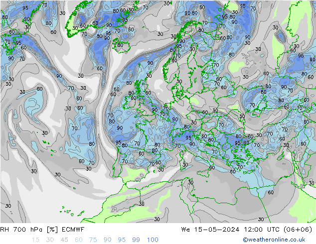 Humedad rel. 700hPa ECMWF mié 15.05.2024 12 UTC