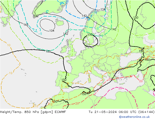 Hoogte/Temp. 850 hPa ECMWF di 21.05.2024 06 UTC