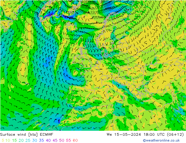 Surface wind ECMWF We 15.05.2024 18 UTC