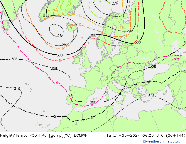 Height/Temp. 700 hPa ECMWF Út 21.05.2024 06 UTC