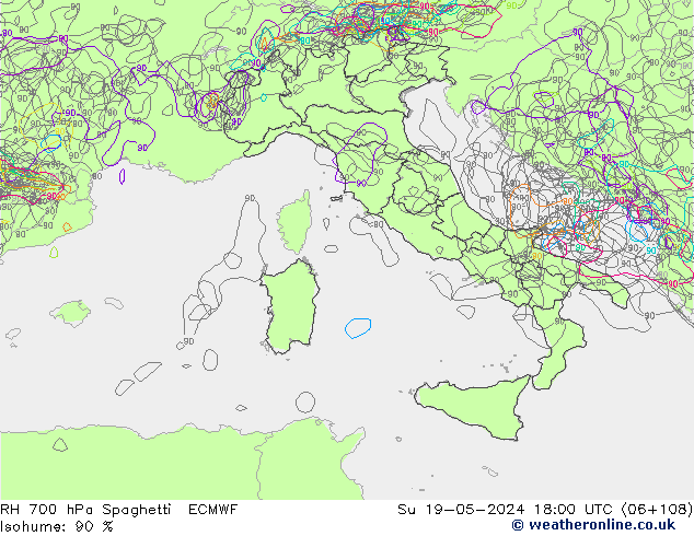 RH 700 hPa Spaghetti ECMWF Dom 19.05.2024 18 UTC