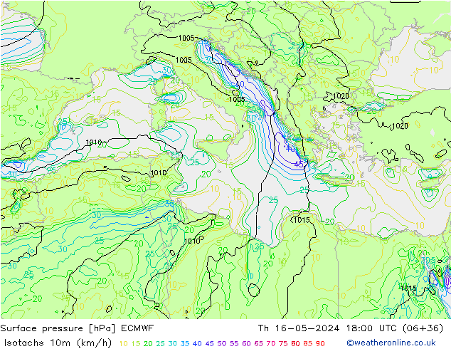 Izotacha (km/godz) ECMWF czw. 16.05.2024 18 UTC