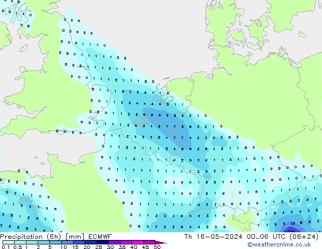 降水量 (6h) ECMWF 星期四 16.05.2024 06 UTC