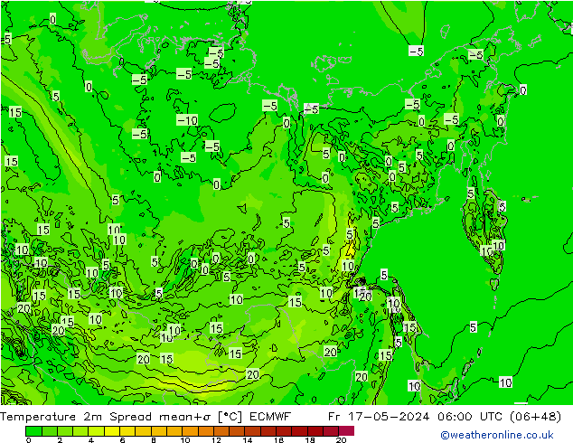 Temperatuurkaart Spread ECMWF vr 17.05.2024 06 UTC