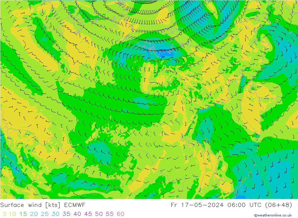 Surface wind ECMWF Fr 17.05.2024 06 UTC