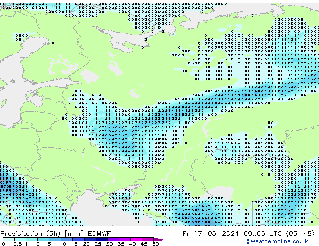 Precipitation (6h) ECMWF Pá 17.05.2024 06 UTC