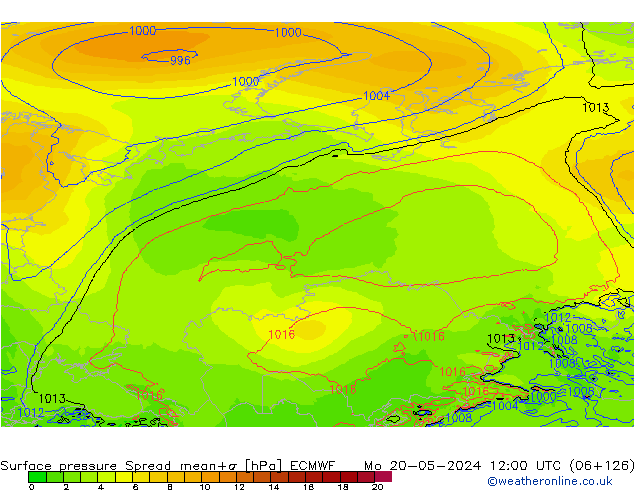 Surface pressure Spread ECMWF Mo 20.05.2024 12 UTC