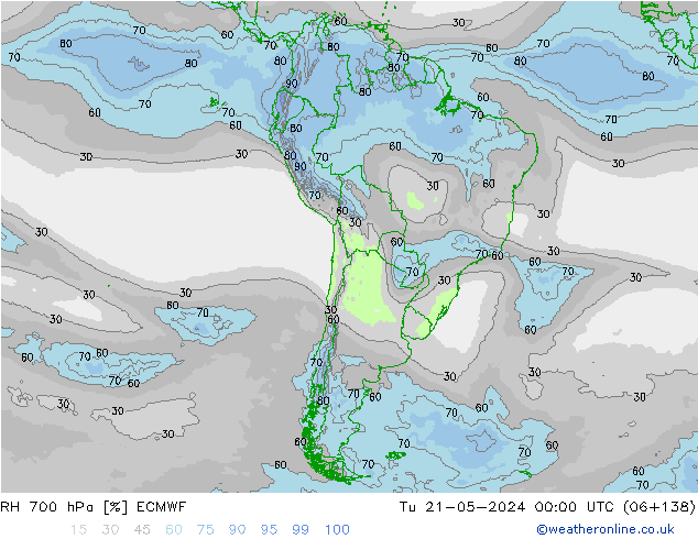 RH 700 hPa ECMWF Út 21.05.2024 00 UTC