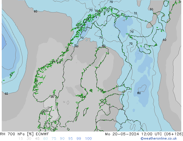 RH 700 hPa ECMWF pon. 20.05.2024 12 UTC