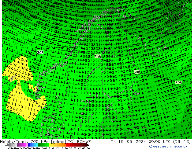 Height/Temp. 700 hPa ECMWF Th 16.05.2024 00 UTC