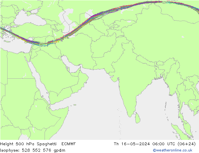 Height 500 hPa Spaghetti ECMWF 星期四 16.05.2024 06 UTC