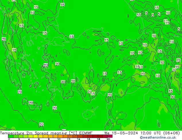 Temperatuurkaart Spread ECMWF wo 15.05.2024 12 UTC