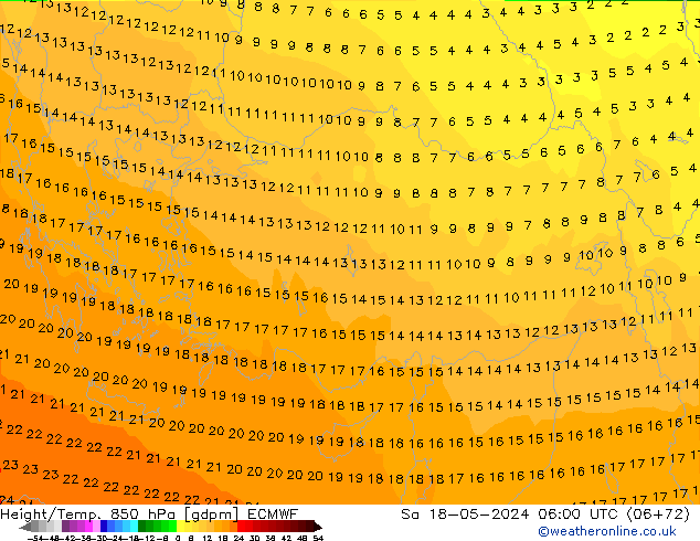 Height/Temp. 850 hPa ECMWF Sa 18.05.2024 06 UTC