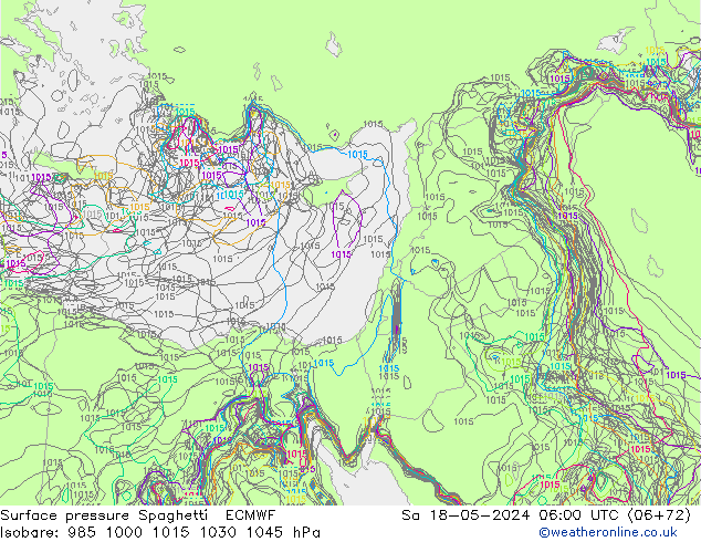 Pressione al suolo Spaghetti ECMWF sab 18.05.2024 06 UTC