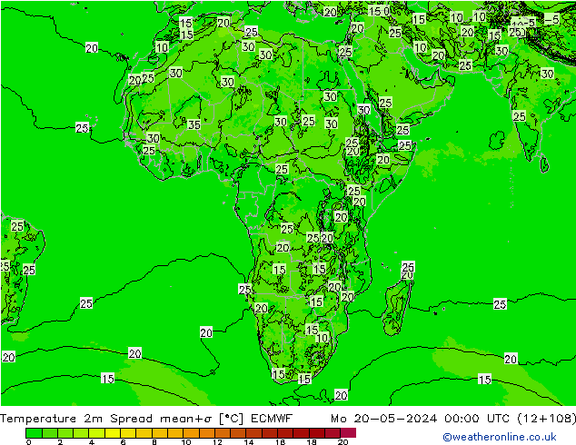 température 2m Spread ECMWF lun 20.05.2024 00 UTC
