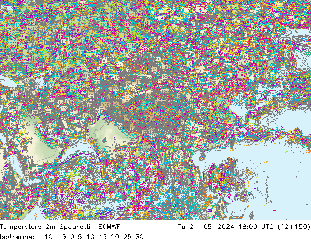 Temperature 2m Spaghetti ECMWF Út 21.05.2024 18 UTC