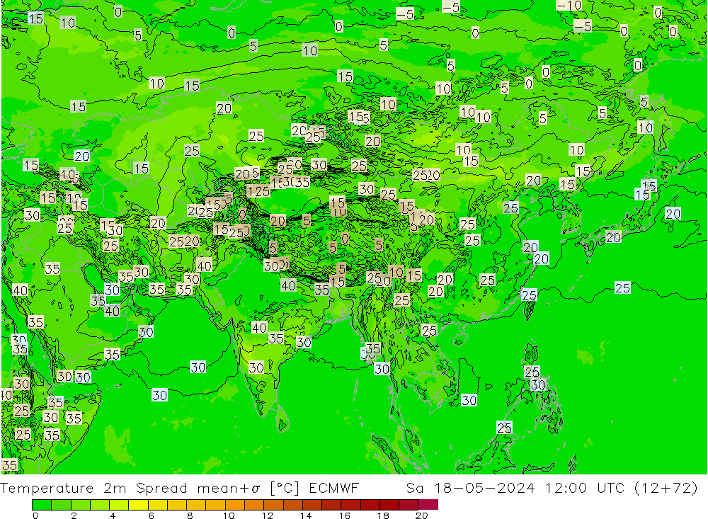 Temperatura 2m Spread ECMWF sab 18.05.2024 12 UTC
