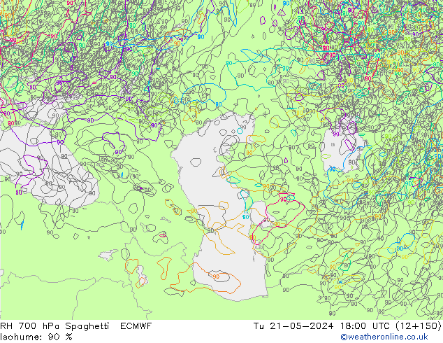 RH 700 hPa Spaghetti ECMWF wto. 21.05.2024 18 UTC