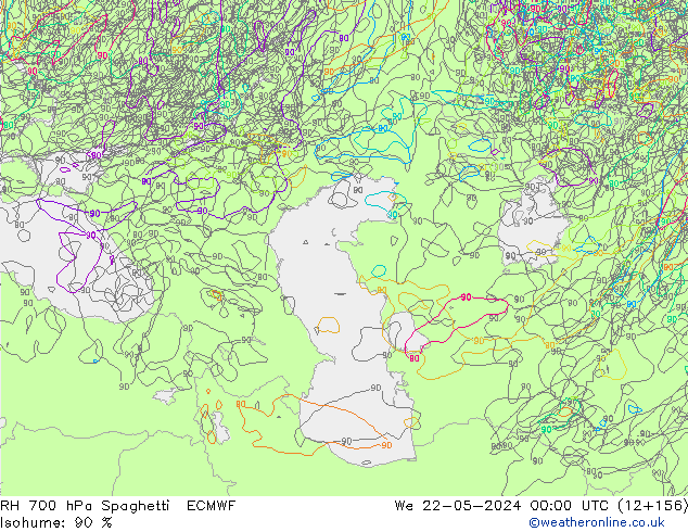 Humidité rel. 700 hPa Spaghetti ECMWF mer 22.05.2024 00 UTC