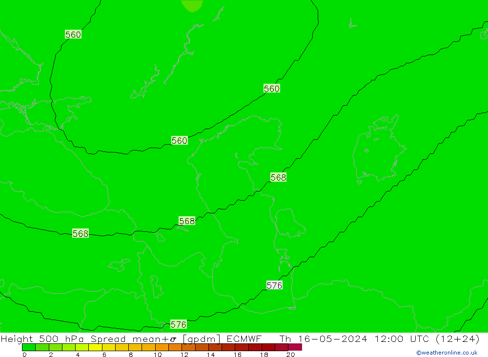 Hoogte 500 hPa Spread ECMWF do 16.05.2024 12 UTC