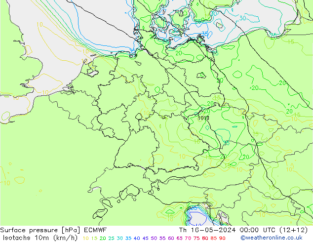 Isotachs (kph) ECMWF Th 16.05.2024 00 UTC