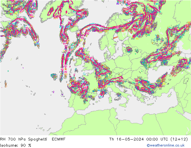 RH 700 hPa Spaghetti ECMWF Th 16.05.2024 00 UTC
