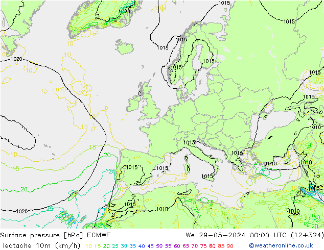 Isotachs (kph) ECMWF mer 29.05.2024 00 UTC