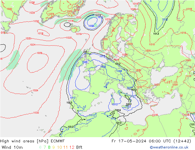 High wind areas ECMWF Pá 17.05.2024 06 UTC