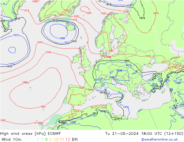 yüksek rüzgarlı alanlar ECMWF Sa 21.05.2024 18 UTC