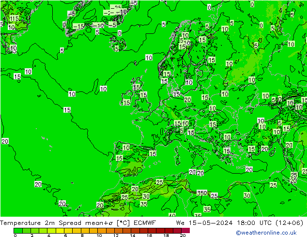 карта температуры Spread ECMWF ср 15.05.2024 18 UTC