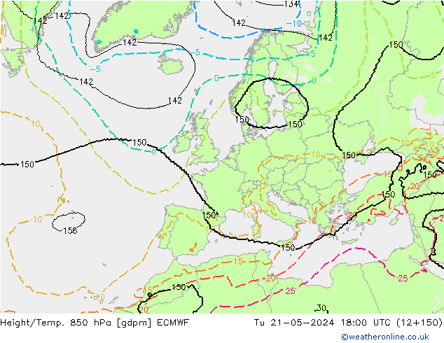 Height/Temp. 850 hPa ECMWF Út 21.05.2024 18 UTC