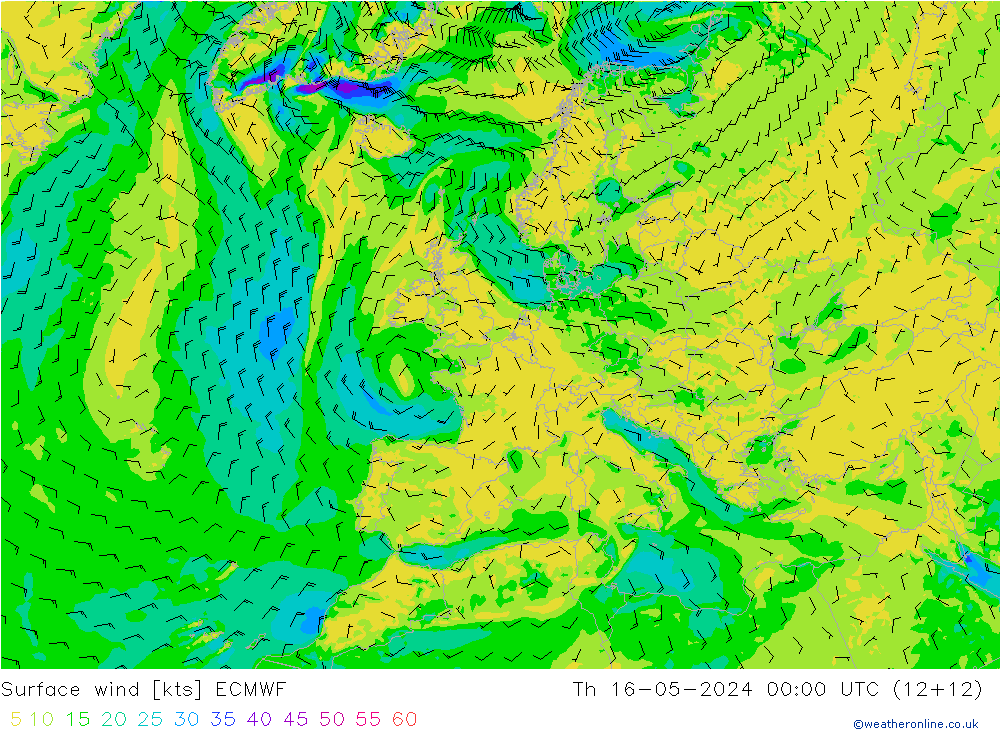 ветер 10 m ECMWF чт 16.05.2024 00 UTC