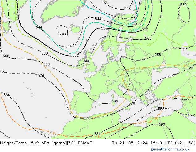 Height/Temp. 500 hPa ECMWF Ter 21.05.2024 18 UTC