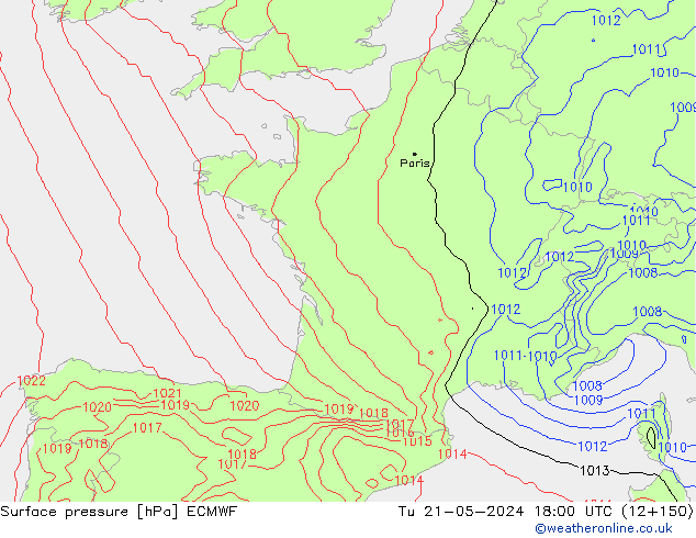 Surface pressure ECMWF Tu 21.05.2024 18 UTC