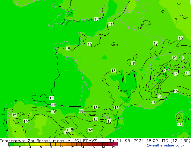 Temperatuurkaart Spread ECMWF di 21.05.2024 18 UTC