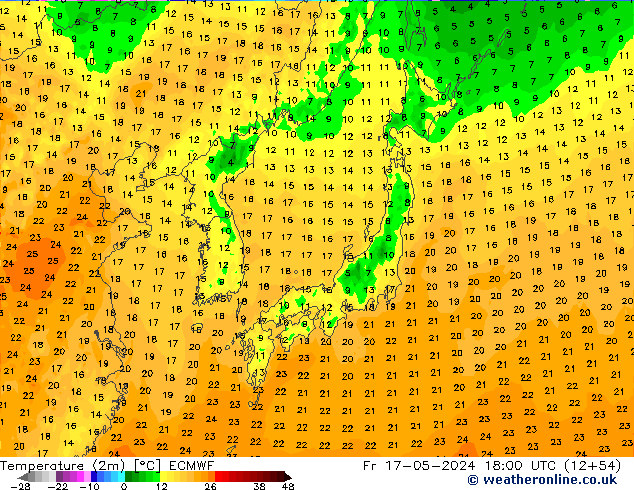 Temperature (2m) ECMWF Fr 17.05.2024 18 UTC