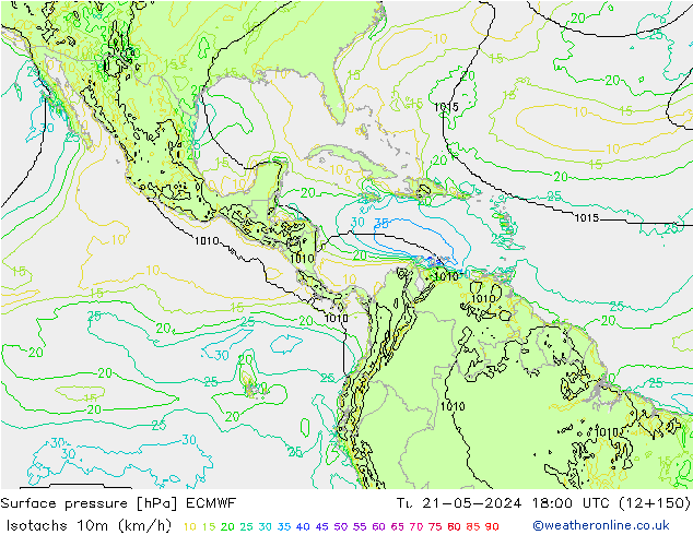 Isotachs (kph) ECMWF mar 21.05.2024 18 UTC