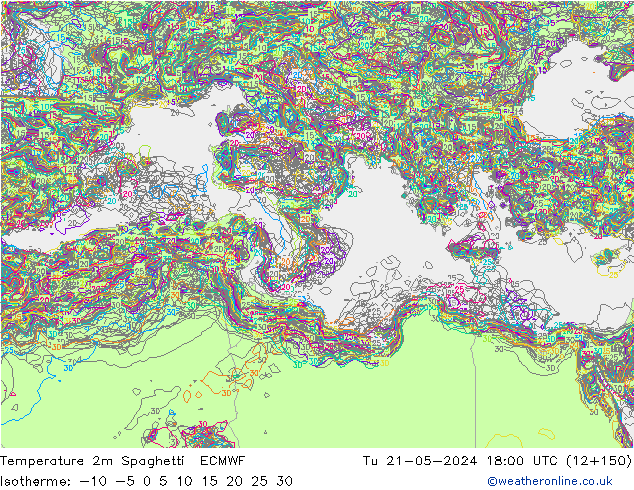 Temperature 2m Spaghetti ECMWF Tu 21.05.2024 18 UTC