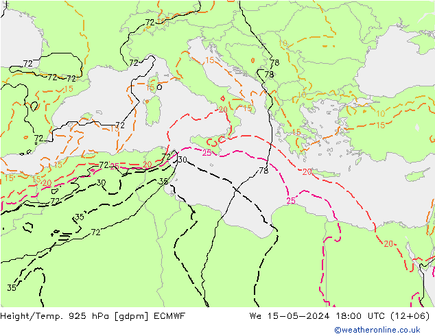 Height/Temp. 925 hPa ECMWF śro. 15.05.2024 18 UTC