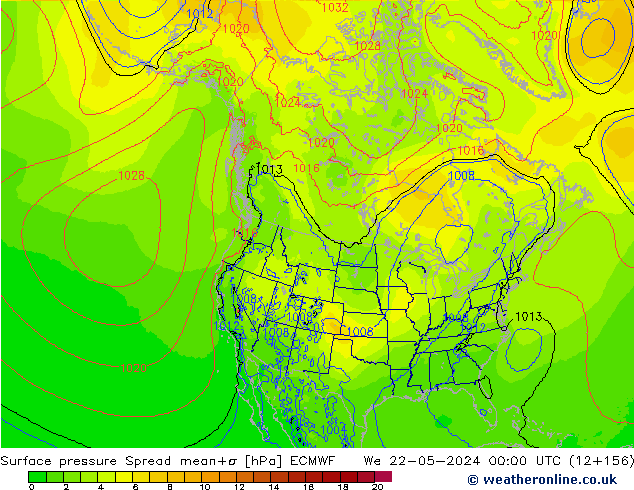 Atmosférický tlak Spread ECMWF St 22.05.2024 00 UTC