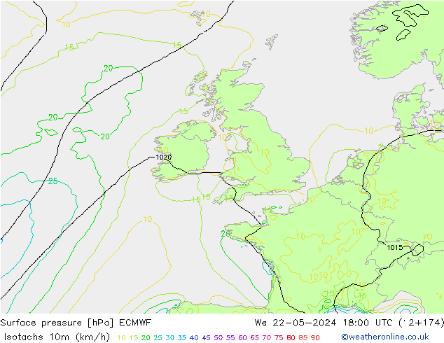 Isotachs (kph) ECMWF Qua 22.05.2024 18 UTC