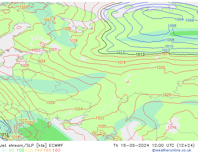 Jet stream/SLP ECMWF Čt 16.05.2024 12 UTC
