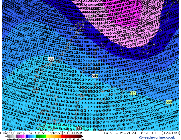 Height/Temp. 500 гПа ECMWF вт 21.05.2024 18 UTC