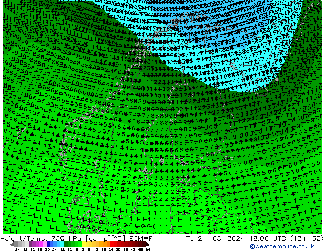 Height/Temp. 700 hPa ECMWF mar 21.05.2024 18 UTC