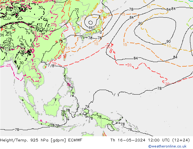 Height/Temp. 925 гПа ECMWF чт 16.05.2024 12 UTC